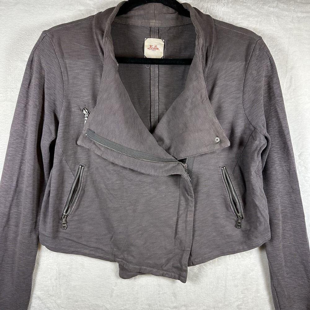 Madewell Hi-Line Moto Jacket Women's L Gray Crop 100% Cotton - Picture 6 of 11